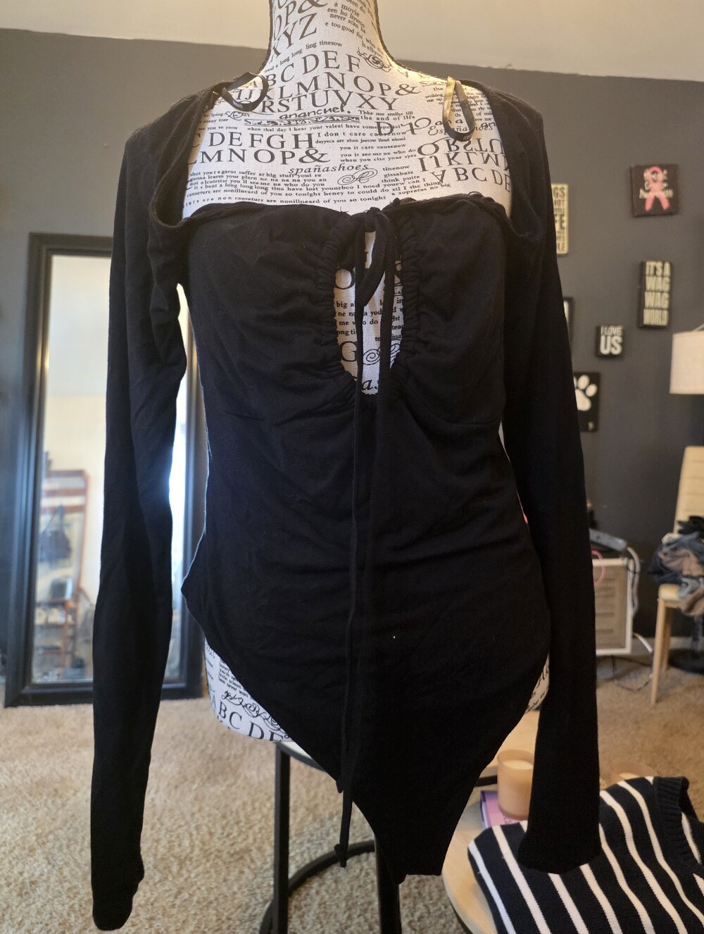 Forever 21 Black Long-Sleeve Ruched Front Bodysuit with Tie
